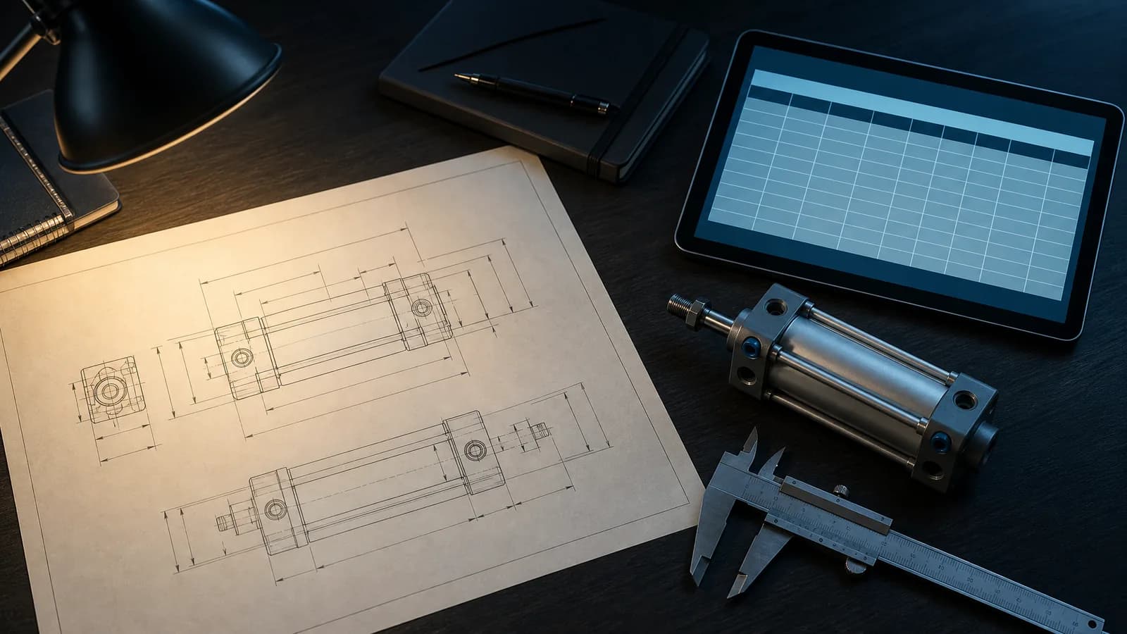 Engineering desk prepared for a pneumatic component quotation